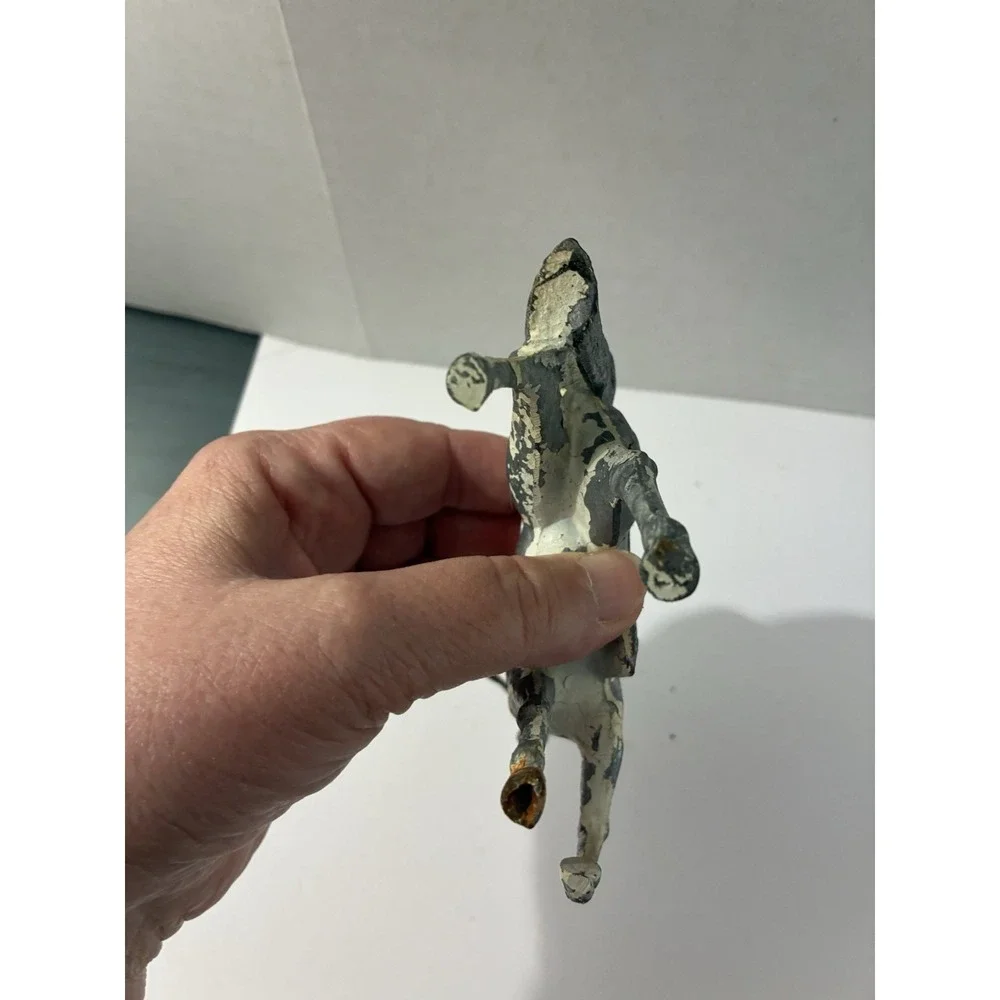 Vintage Cast Iron Horse Figurine Chain Reins Red Saddle Toy Gray White Pony